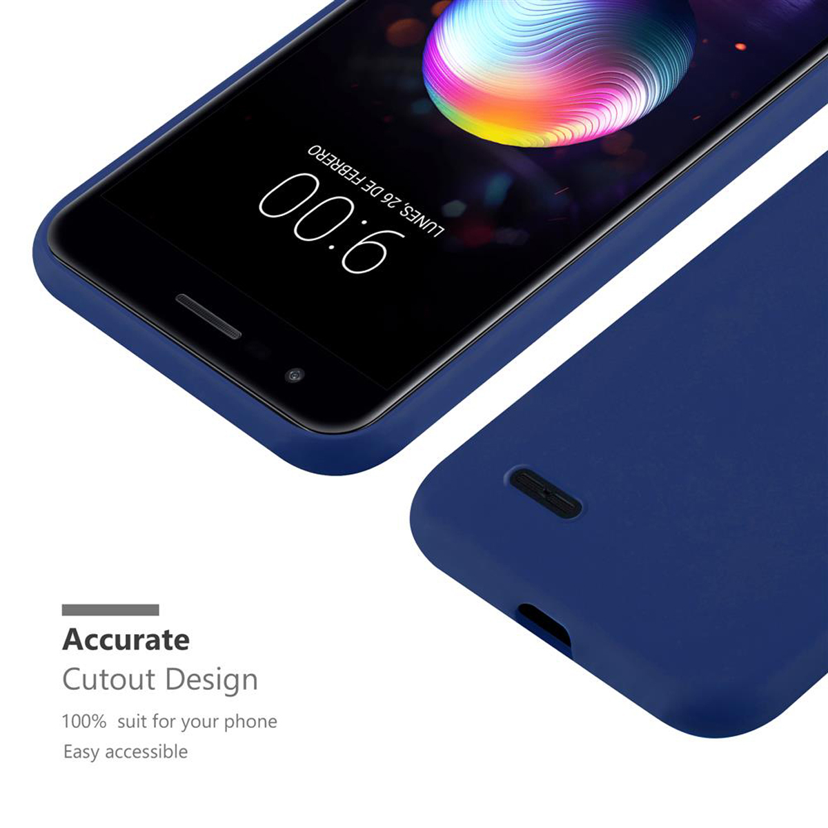 Una custodia per telefono blu con schermo del telefono, testo e sfondo bianco.
