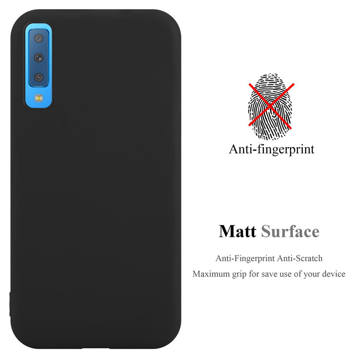 Schwarze Handyhülle mit blauem Kamera-Array. Text: Anti-Fingerabdruck, matte Oberfläche, maximaler Grip.