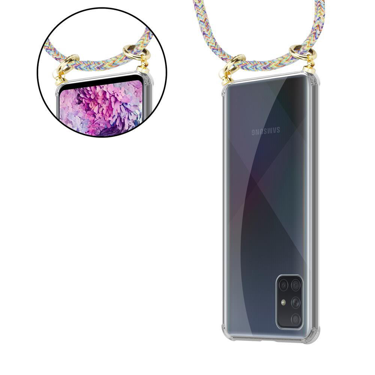 Custodia trasparente per telefono con un cordino colorato, mostrata con un primo piano del telefono e gli attacchi del cordino.
