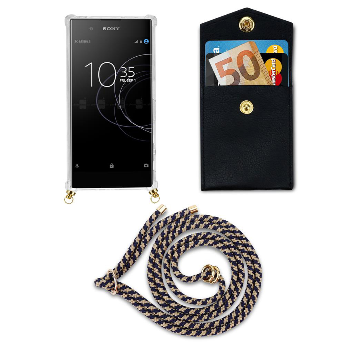 Ein Telefon, eine schwarze Hülle mit Karten und Geld und ein Kabel mit einem Telefon. Alles auf weißem Grund.