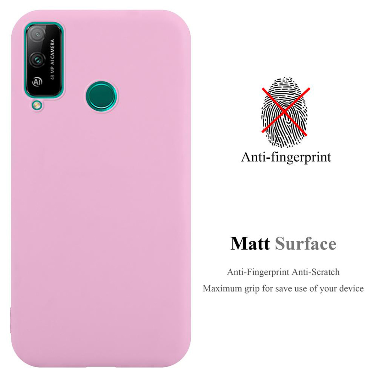 Una custodia per telefono rosa con funzioni anti-impronta e superficie opaca. Visualizza un simbolo di impronta digitale.