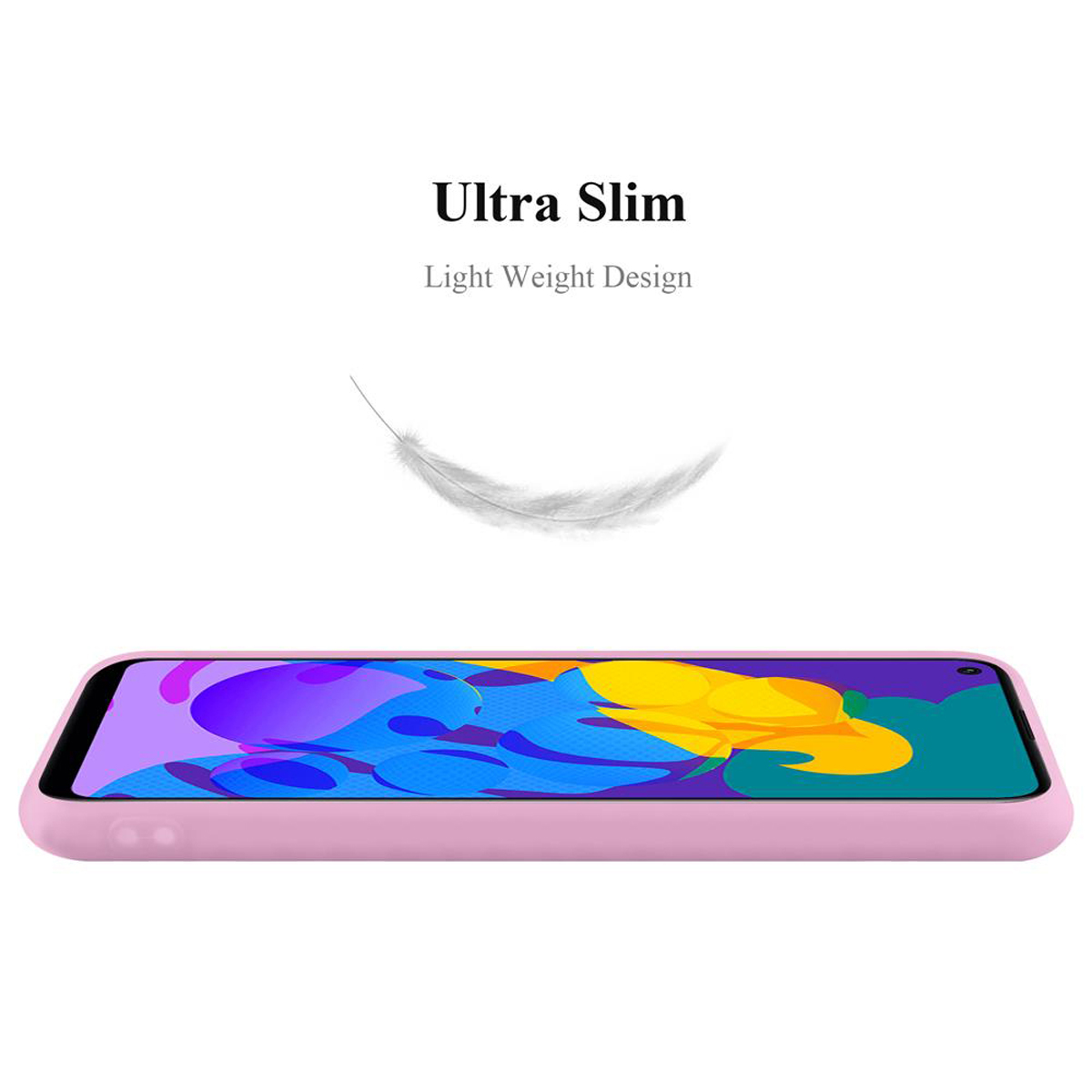 Custodia rosa per telefono con piuma. Testi: Ultra Slim, Light Weight Design.