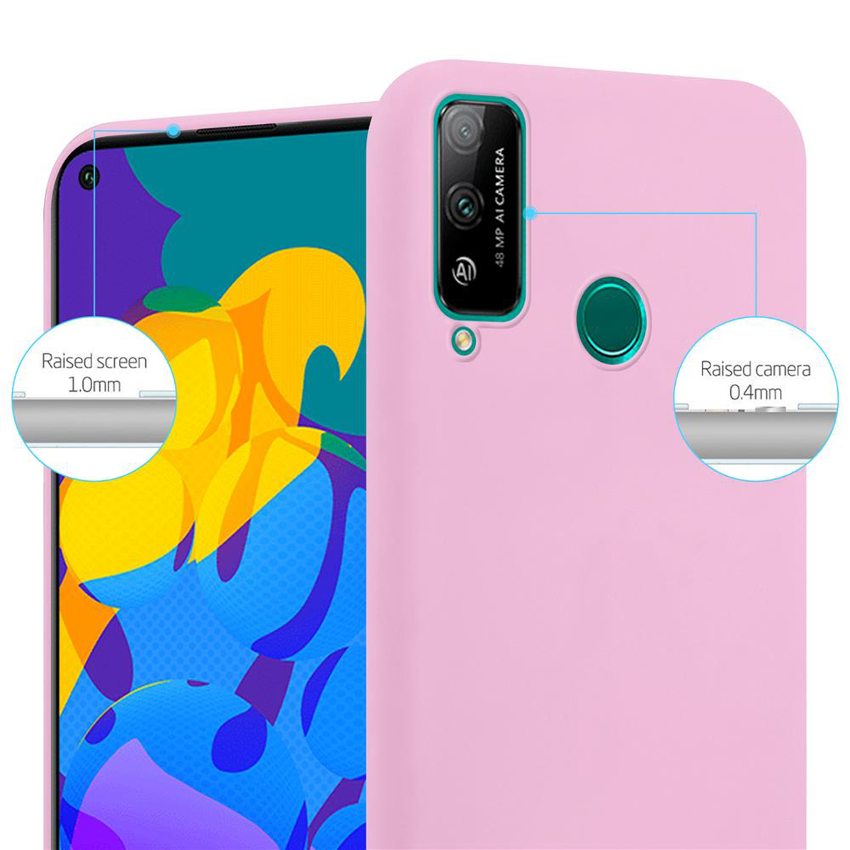 Una custodia per telefono rosa con schermo e fotocamera rialzati, con specifiche sul lato.
