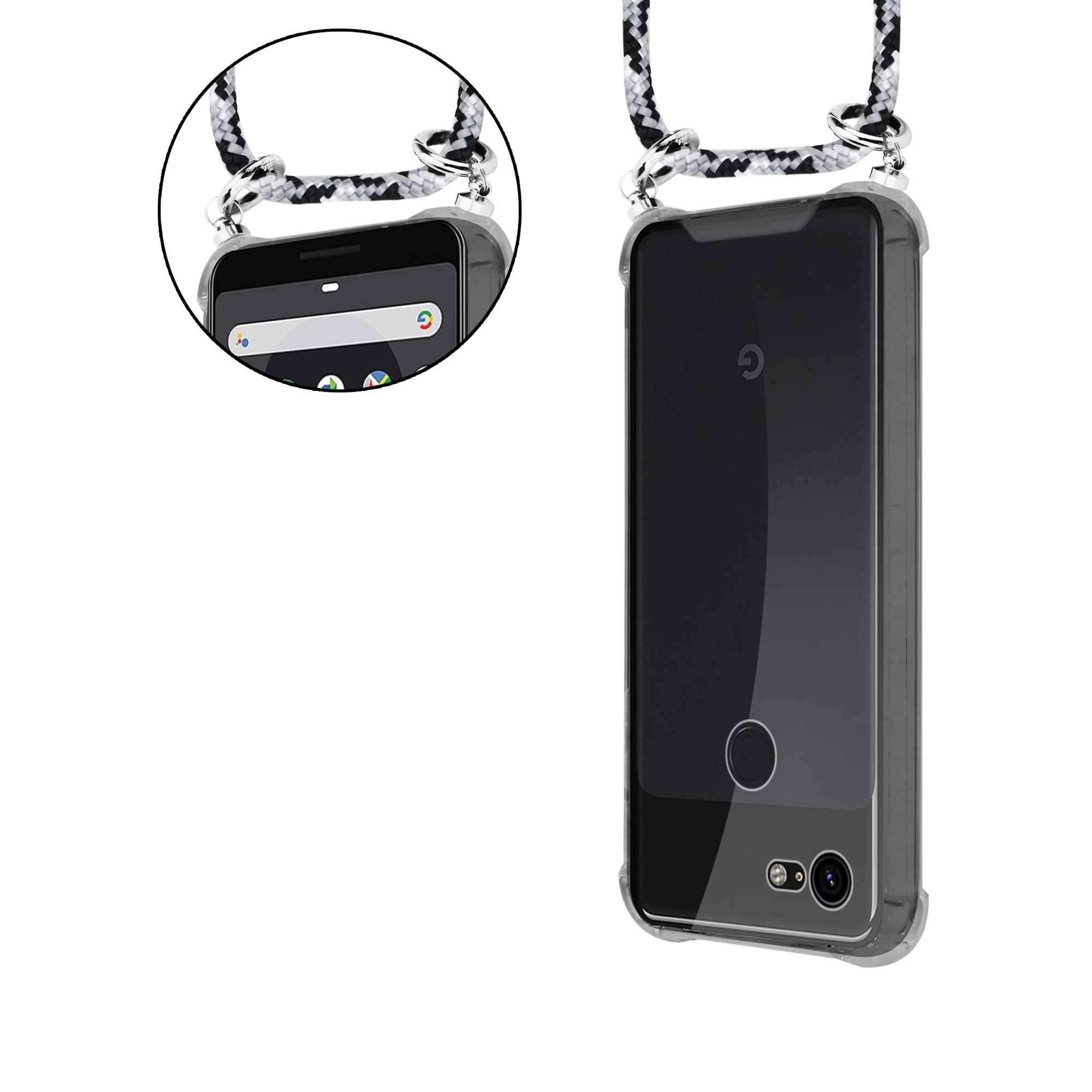 Telefon in einer durchsichtigen Hülle mit Riemen. Eine Nahaufnahme des Telefons. Weißer Hintergrund.
