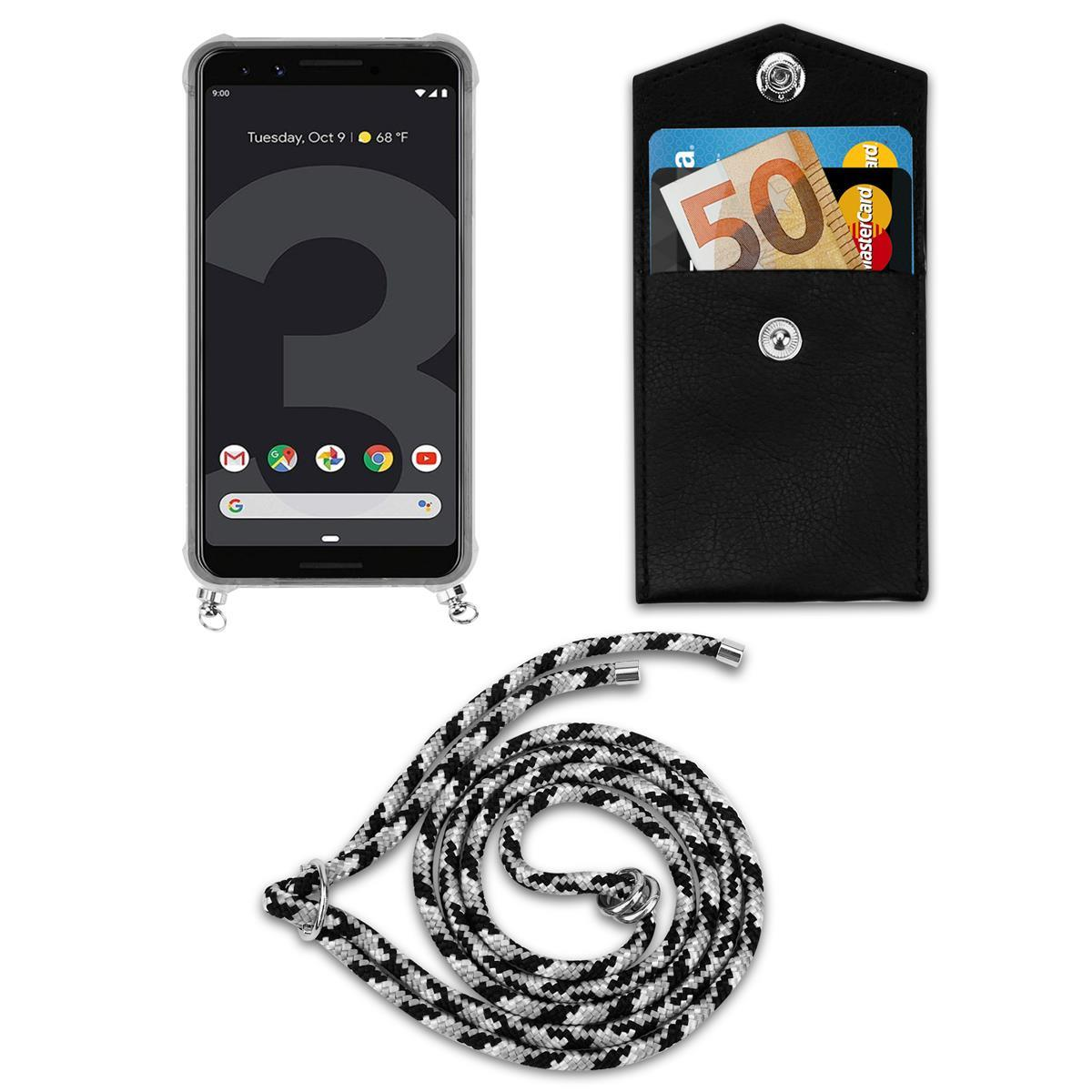 Telefon mit Hülle und Riemen, offenes Portemonnaie mit Karten. Schwarz-weißes Seilband.