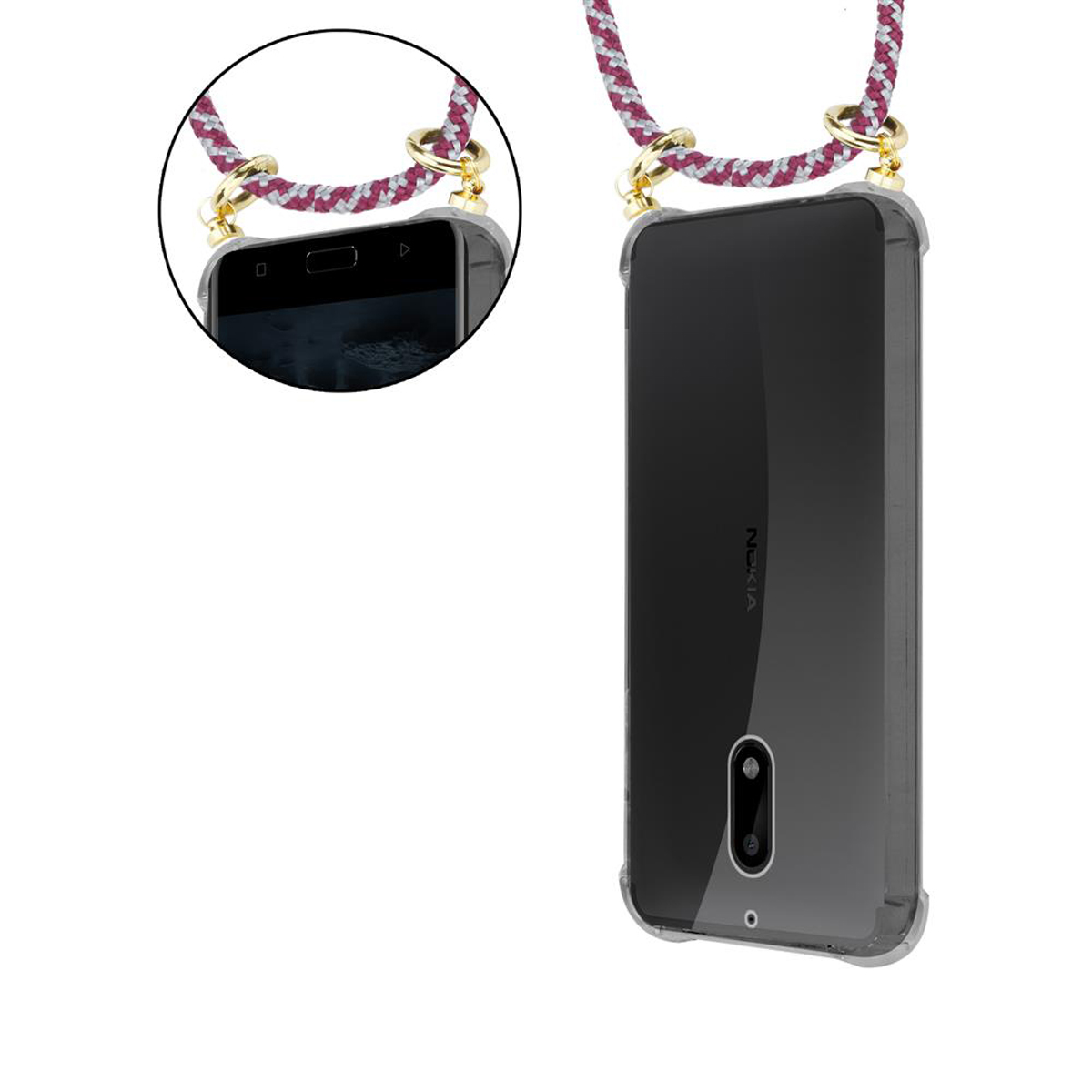 Handyhülle mit Lanyard, transparentem Telefon und rosa-weißem Seil.