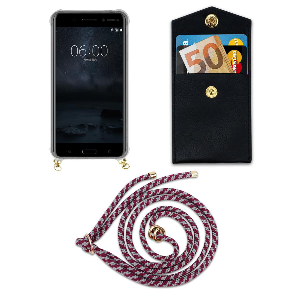 Ein Telefon mit Lanyard und eine Brieftasche mit Karten und Geld. Die Hülle ist schwarz.