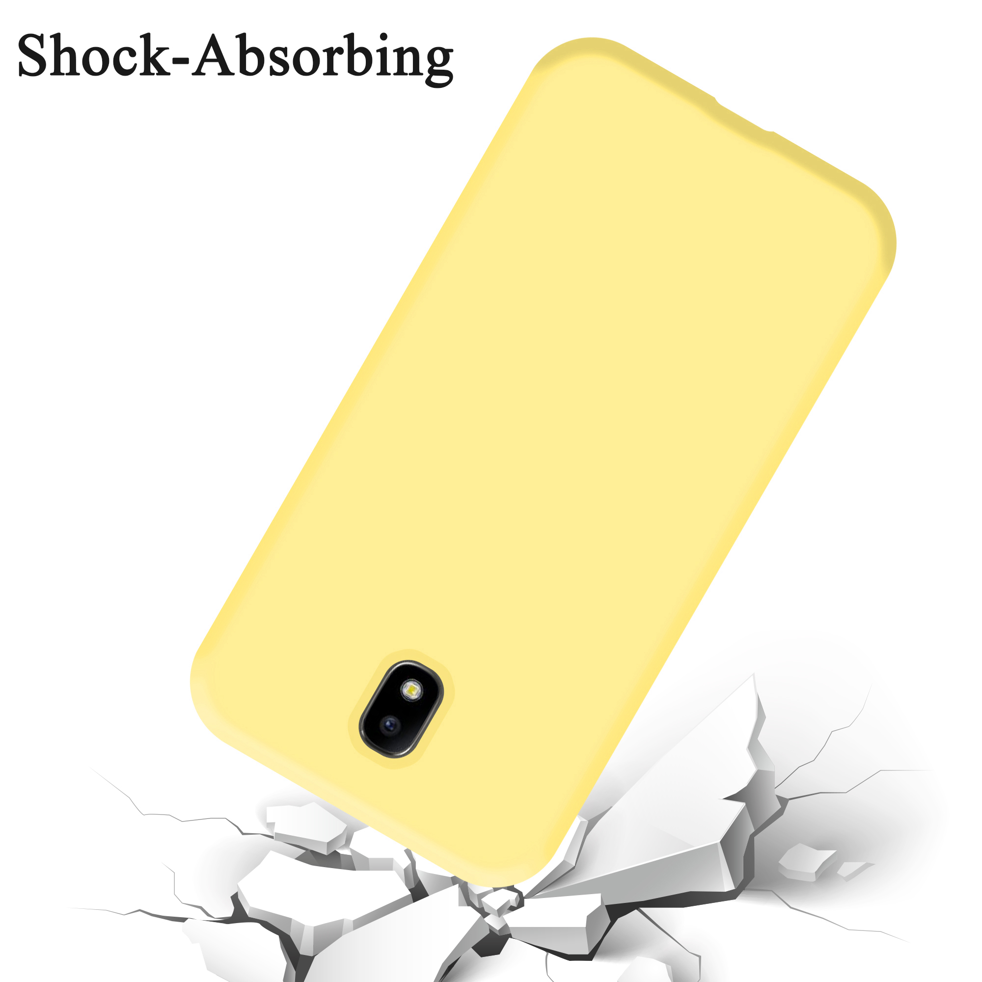 Eine gelbe Handyhülle mit Telefon auf weißem Untergrund, darunter eine zerbrochene Oberfläche.