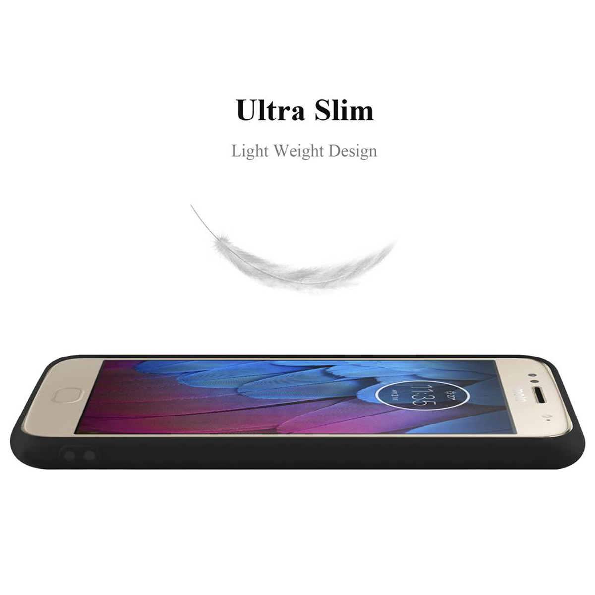 Un telefono in una custodia nera, una piuma e il testo 'Ultra Slim, Light Weight Design' su sfondo bianco.