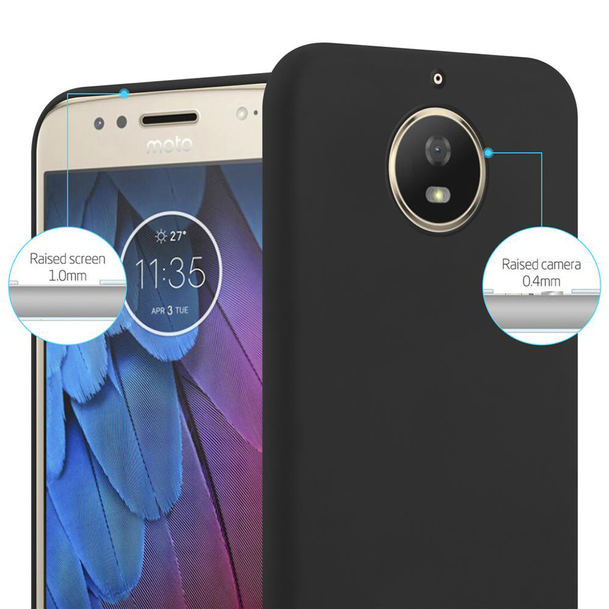 Custodia nera. Schermo e fotocamera del telefono contrassegnati. Testo fotocamera e schermo rialzati.