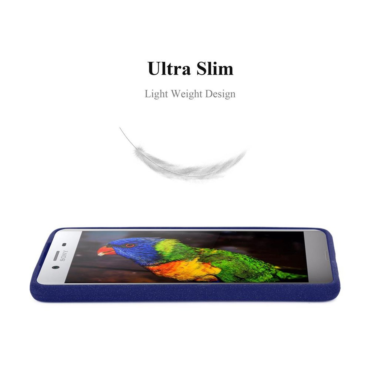 Un telefono in una custodia blu con una grafica a piuma e il testo 'Ultra Slim'. Lo sfondo è bianco.