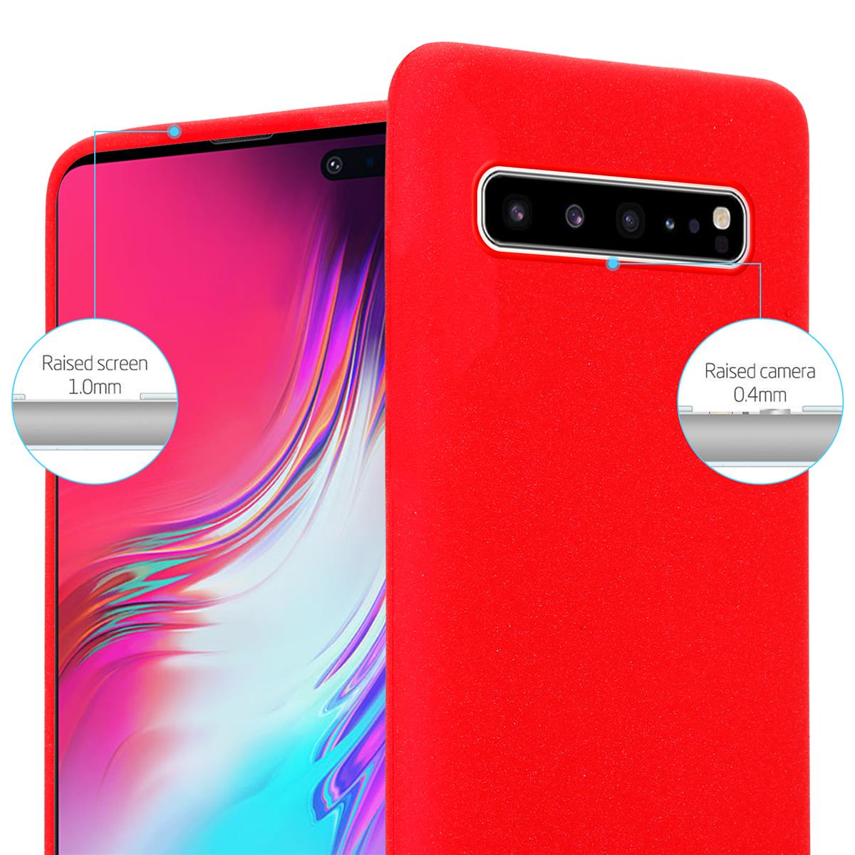Una custodia per telefono rossa con area fotocamera nera. Il diagramma mostra i bordi rialzati dello schermo e della fotocamera.