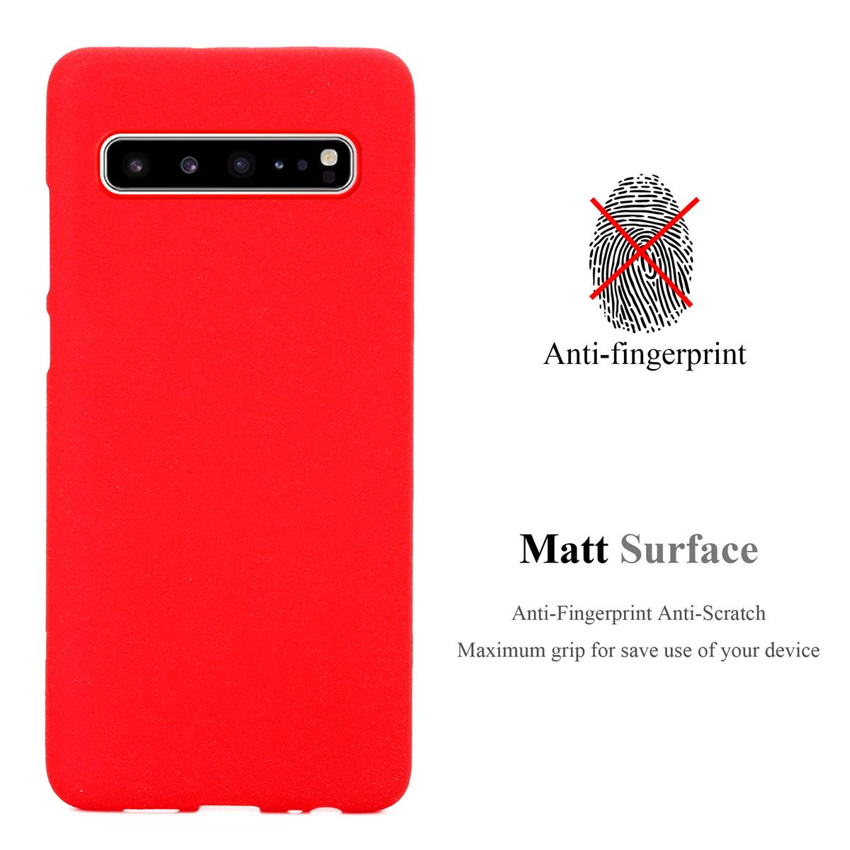 Custodia per telefono rossa con funzioni anti-impronta e superficie opaca, sfondo bianco.