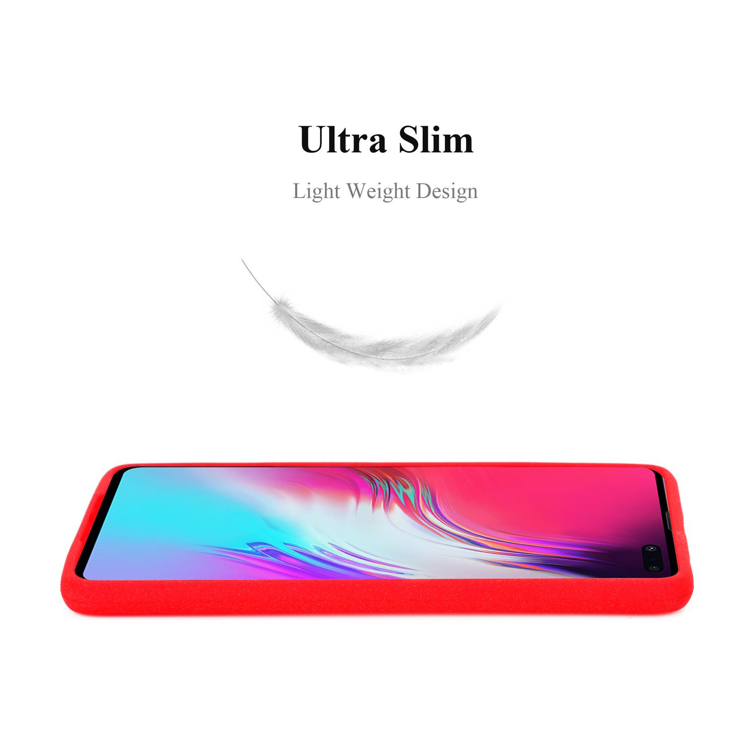 Custodia per telefono rossa con piuma fluttuante, testo: Ultra Slim, Light Weight Design.
