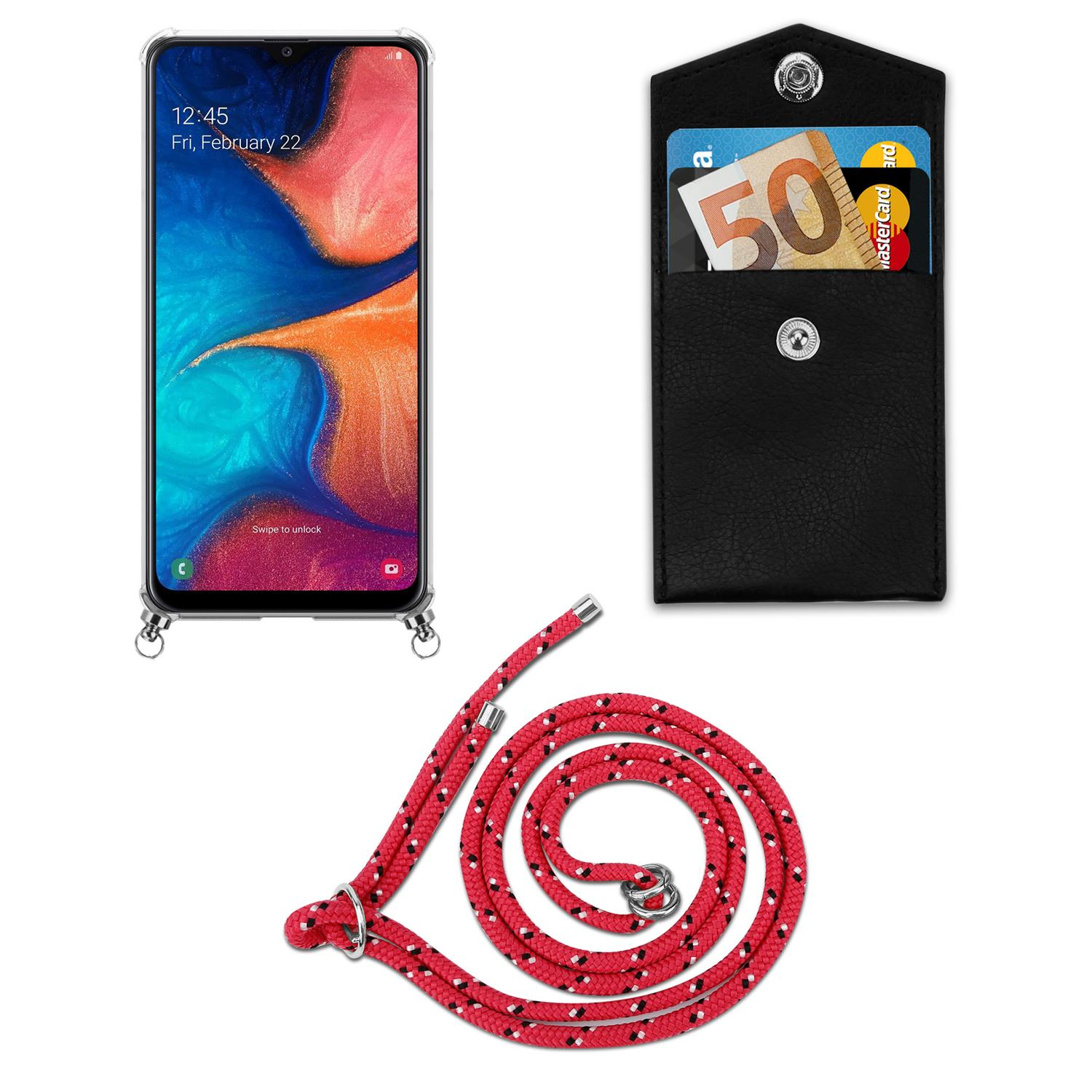 Telefono, portafoglio e cinturino rosso con motivo bianco su sfondo bianco. Portafoglio con denaro.