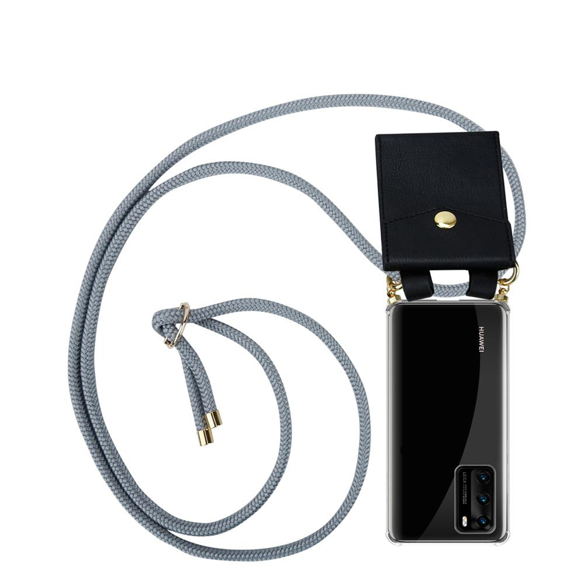 P40, Ringen, GRAU Kordel Hülle, mit abnehmbarer Band Gold Backcover, Huawei, und Handy CADORABO SILBER Kette