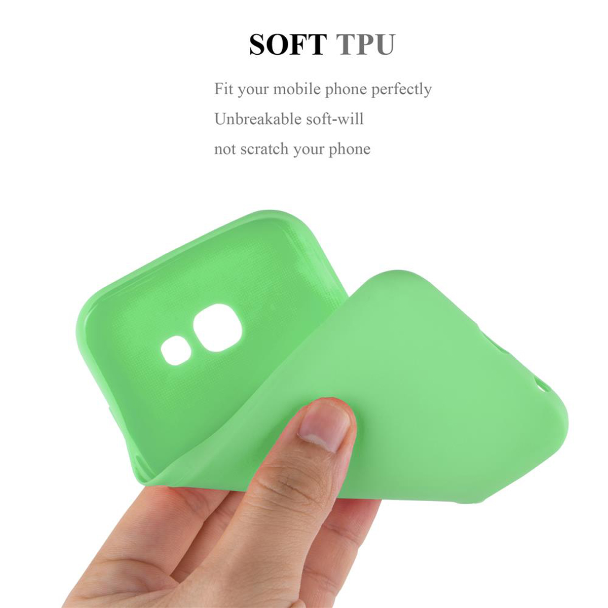 Custodia verde per telefono, con testo sul materiale TPU morbido.