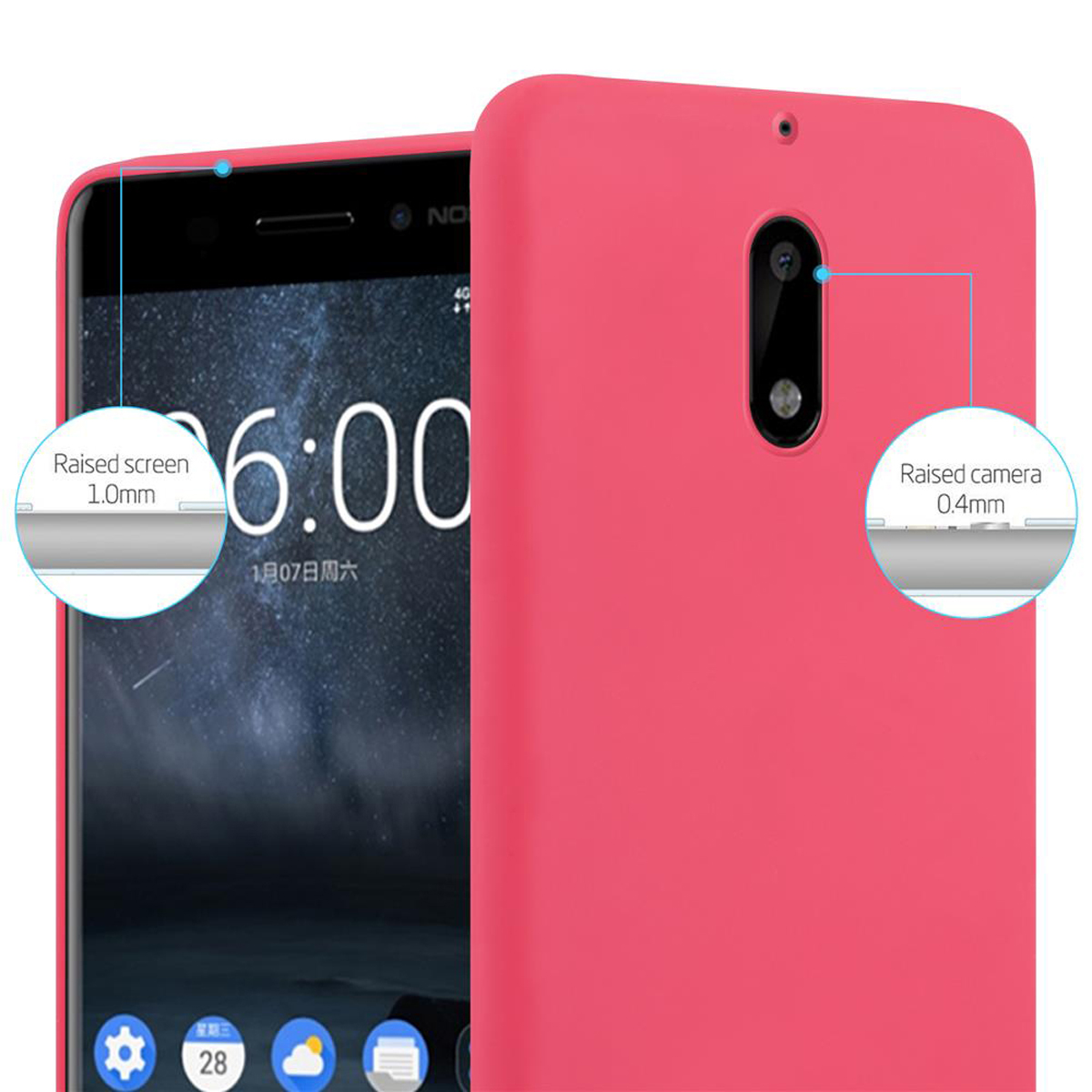 Custodia rosa con telefono all'interno, dettagli dello schermo e della fotocamera rialzati.