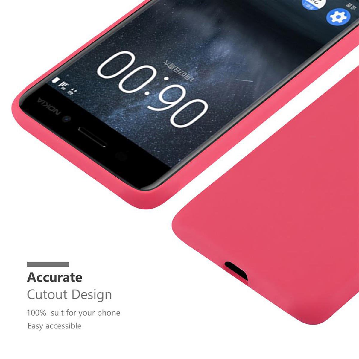 Telefono rosa con schermo nero che mostra le 06:00. Design con ritaglio preciso e testo facilmente accessibile.