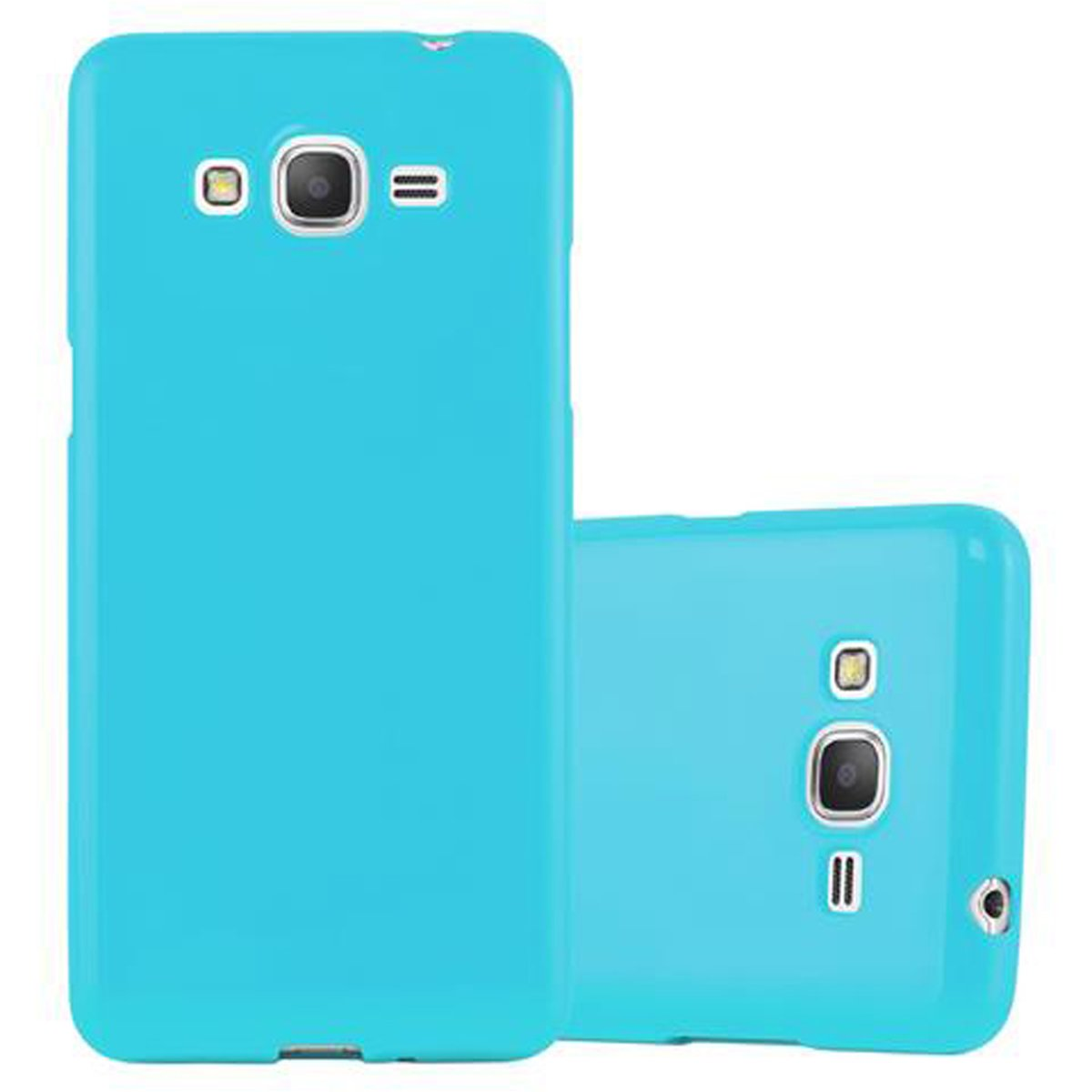 Dos fundas de teléfono azul claro. Una está detrás y la otra delante.