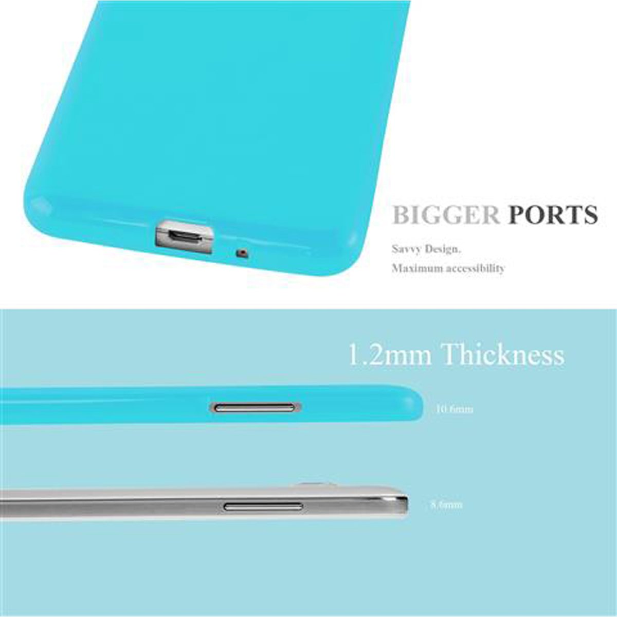Primer plano de una funda de teléfono azul claro. Se destacan puertos más grandes y 1,2 mm de grosor.
