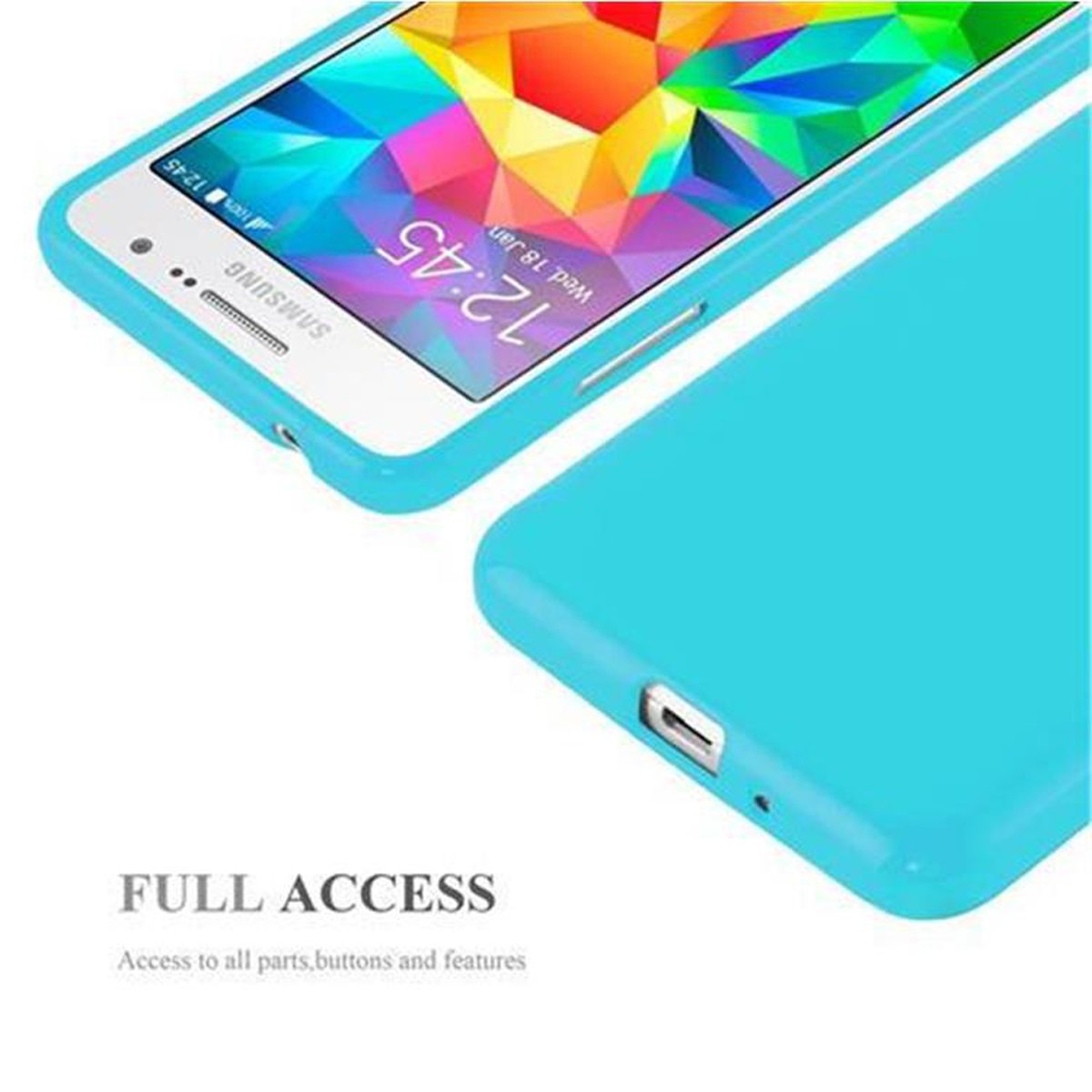 Una funda de teléfono azul con un teléfono dentro. Texto: Acceso completo. Mostrando la pantalla del teléfono.