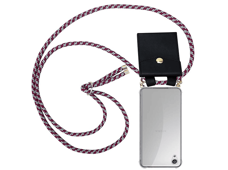 CADORABO Handy Kette mit Gold Ringen, Kordel Band und abnehmbarer Hülle, Backcover, Sony, Xperia X, ROT WEIß