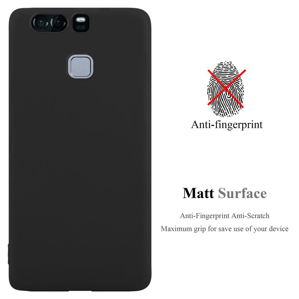 Schwarze Handyhülle mit Anti-Fingerabdruck-Text und Matt-Oberflächen-Text, weißer Hintergrund.
