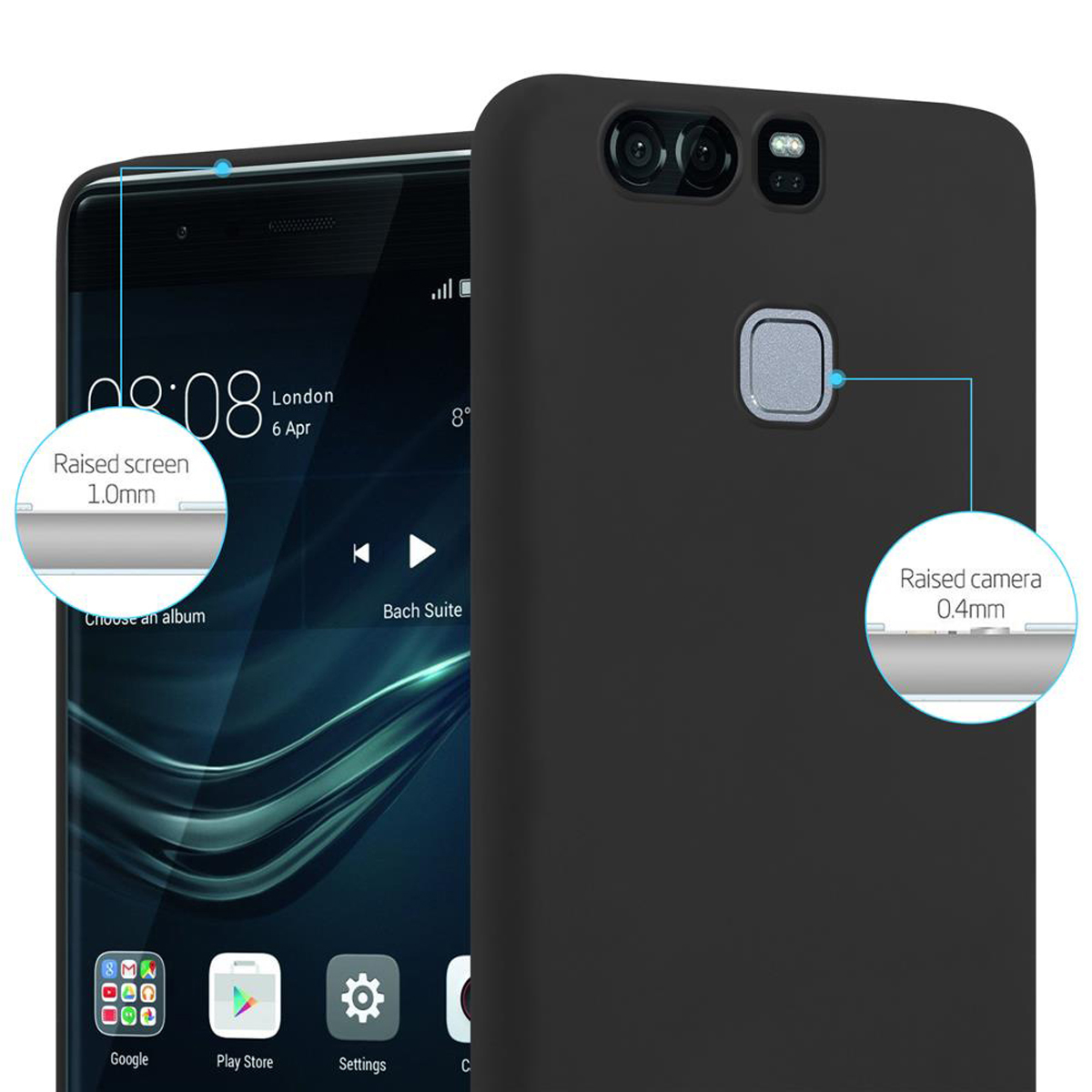 Schwarze Handyhülle mit einem Telefon. Diagramme zeigen das erhöhte Display und die Kamera.