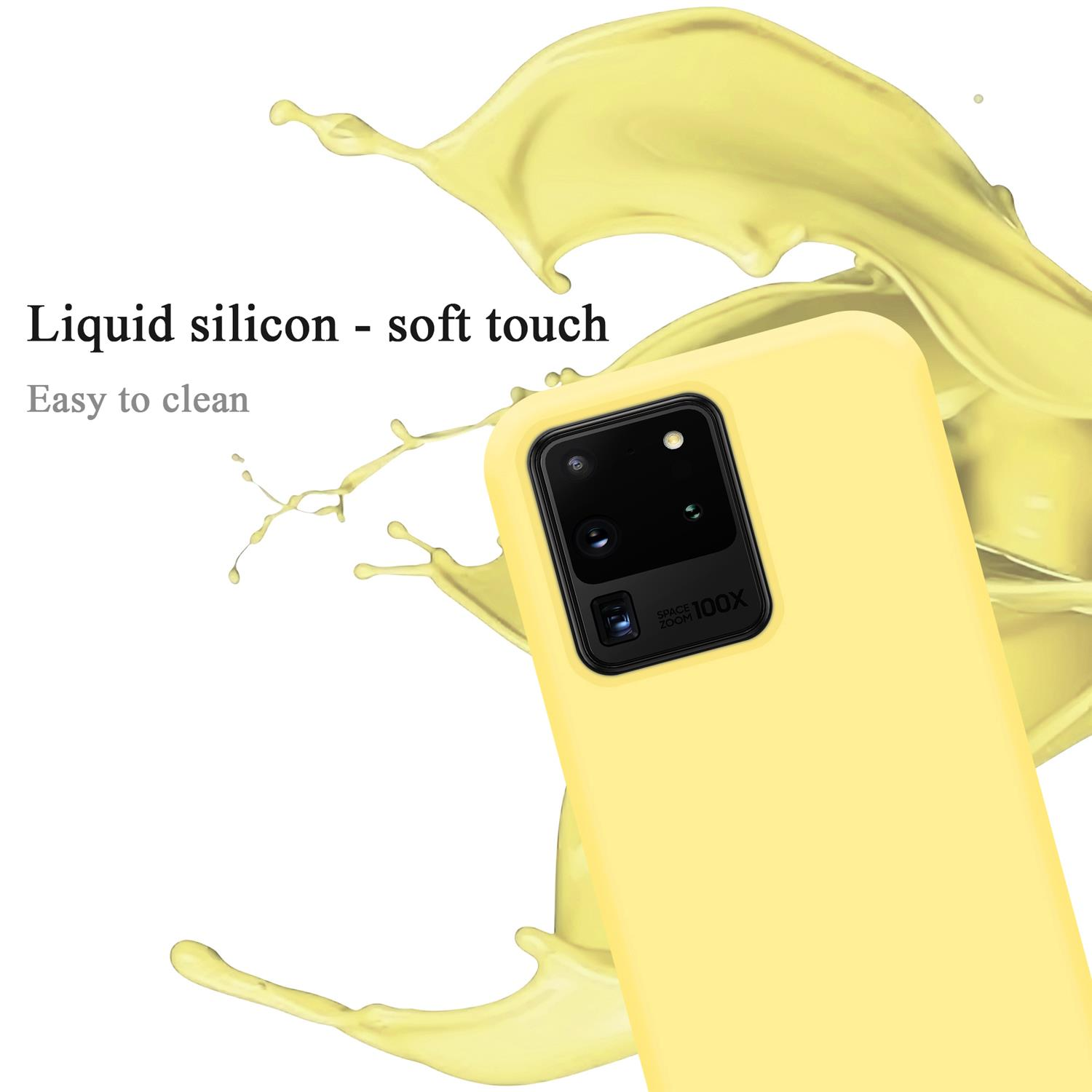 Gelbe Handyhülle mit Flüssigsilikon. Hintergrund zeigt einen gelben Spritzer, Text über Produkt.