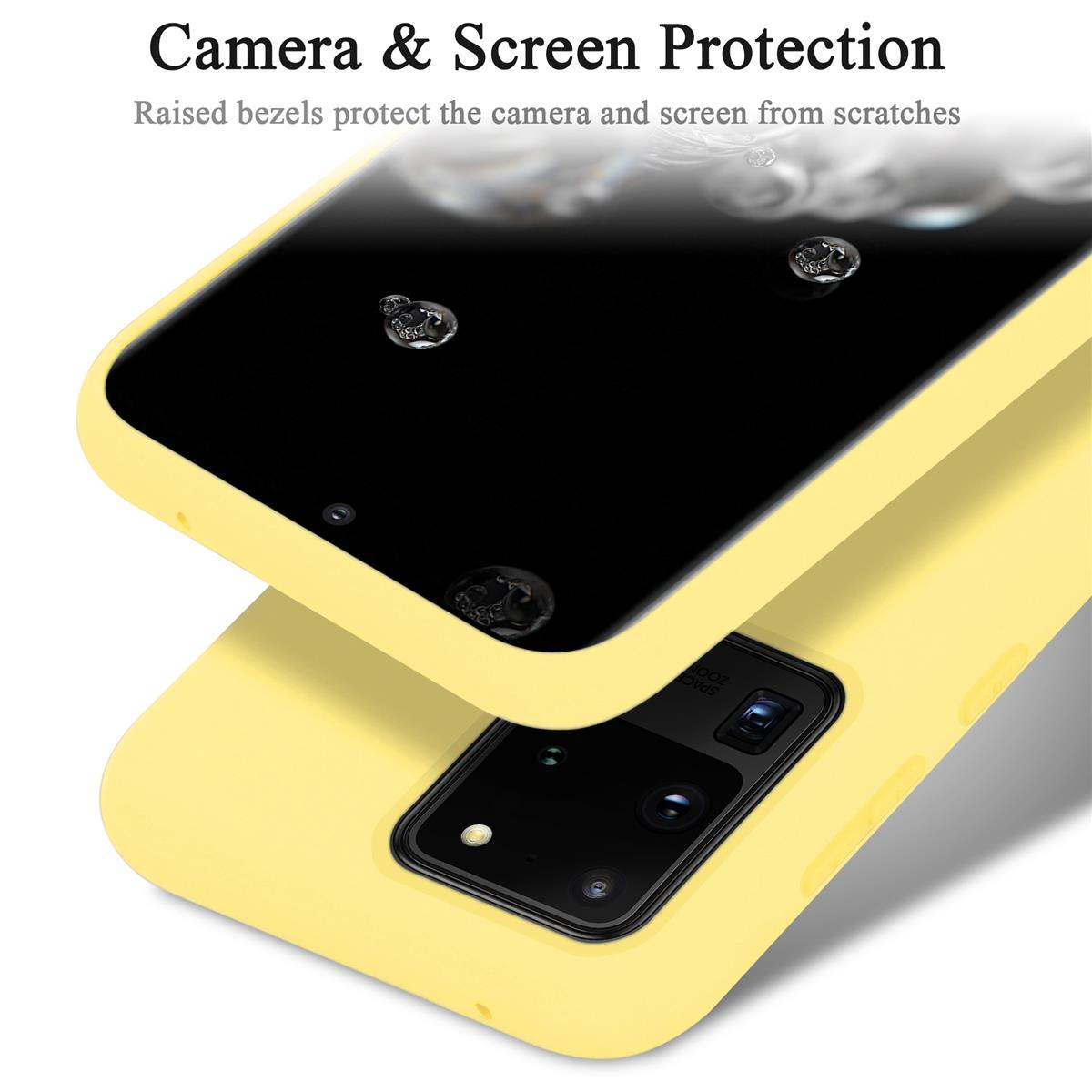 Eine gelbe Handyhülle schützt ein Telefon. Wassertropfen auf der Bildschirmoberfläche sind sichtbar.