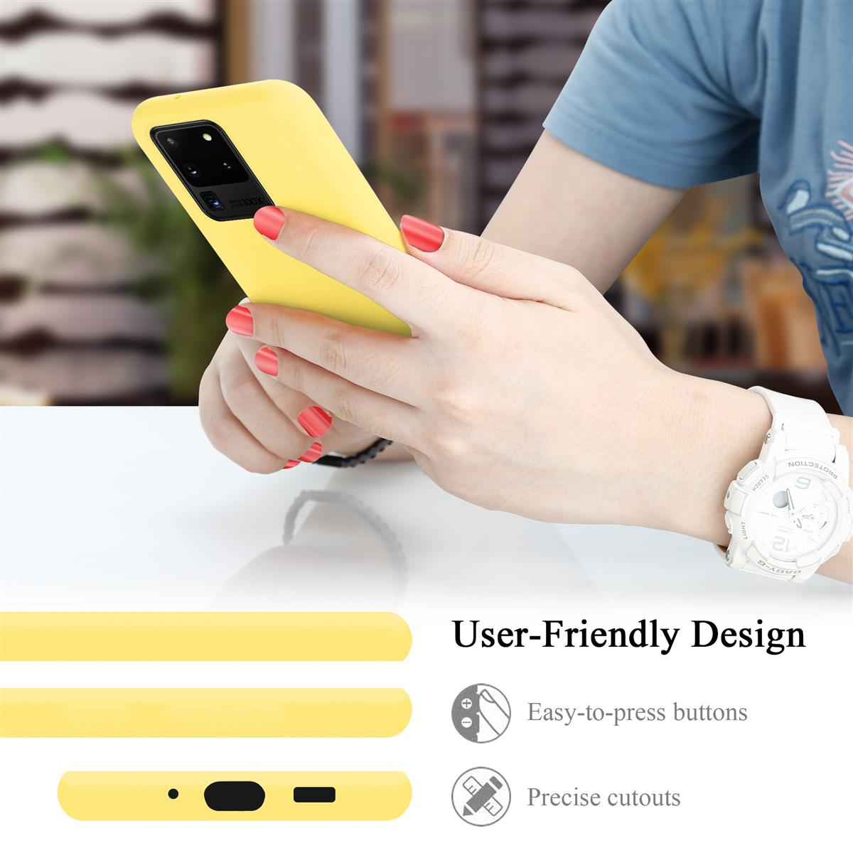Eine Handyhülle in einer Hand, die ein Telefon zeigt. Text: Benutzerfreundliches Design, leicht zu drückende Tasten, präzise Aussparungen.