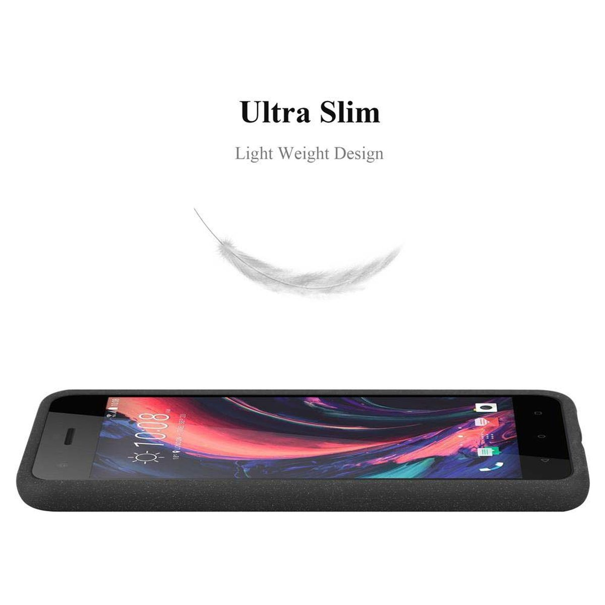 Telefono nero su sfondo bianco con piuma sopra. Testo: 'Ultra Slim'.