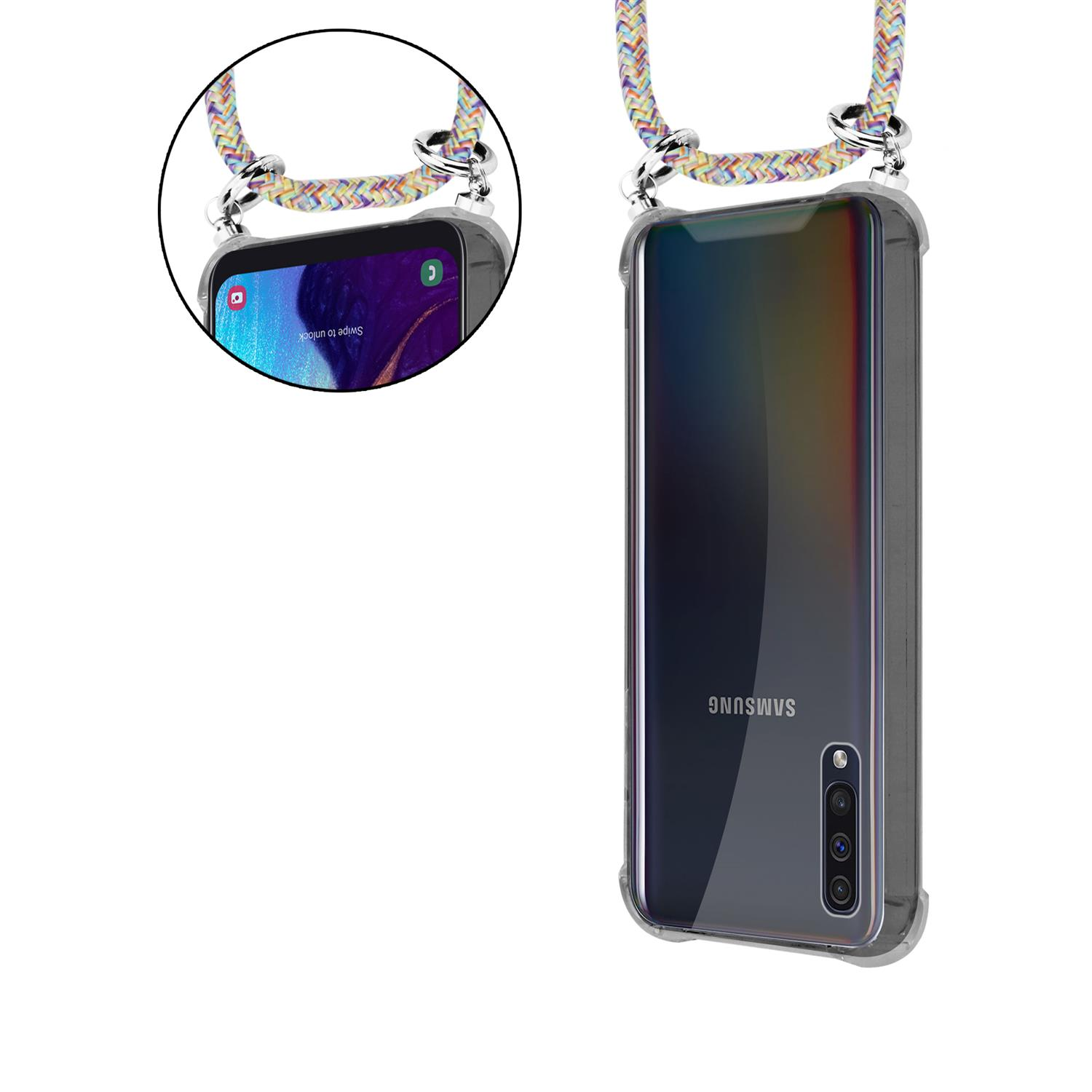 Transparente Handyhülle mit buntem Riemen. Telefon im Inneren der Hülle sichtbar. Text: Zum Entsperren wischen.