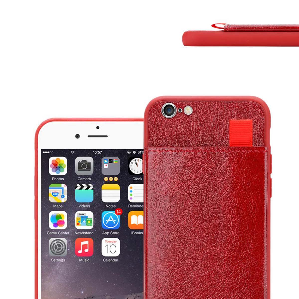 Rote Leder-Handyhülle mit Telefon. Telefon zeigt App-Symbole.