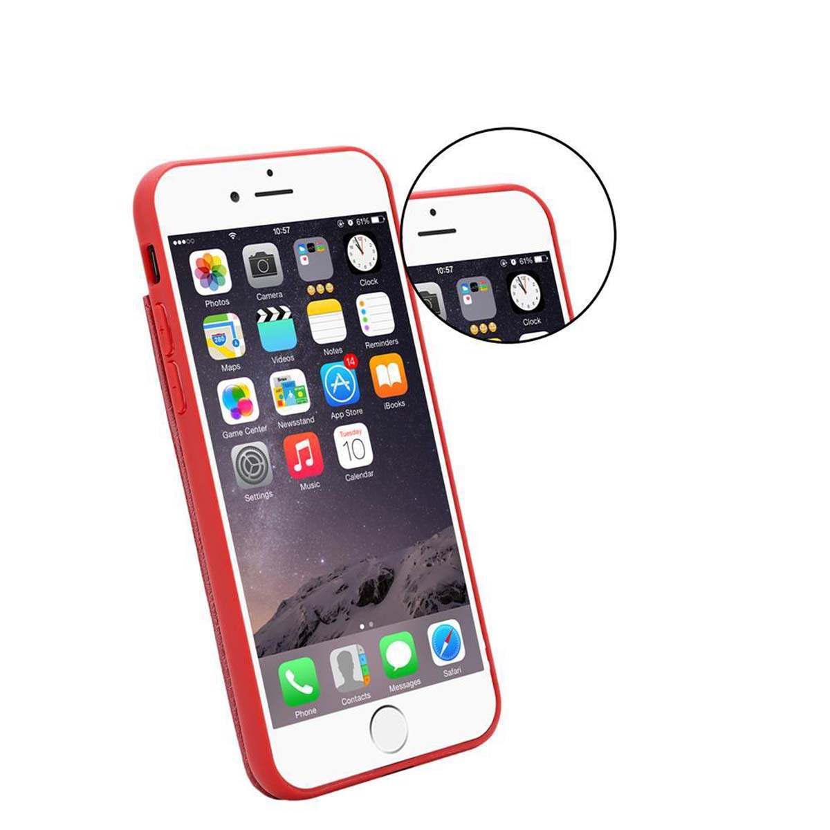 Eine rot-weiße Handyhülle auf weißem Hintergrund mit einem Telefon darin.