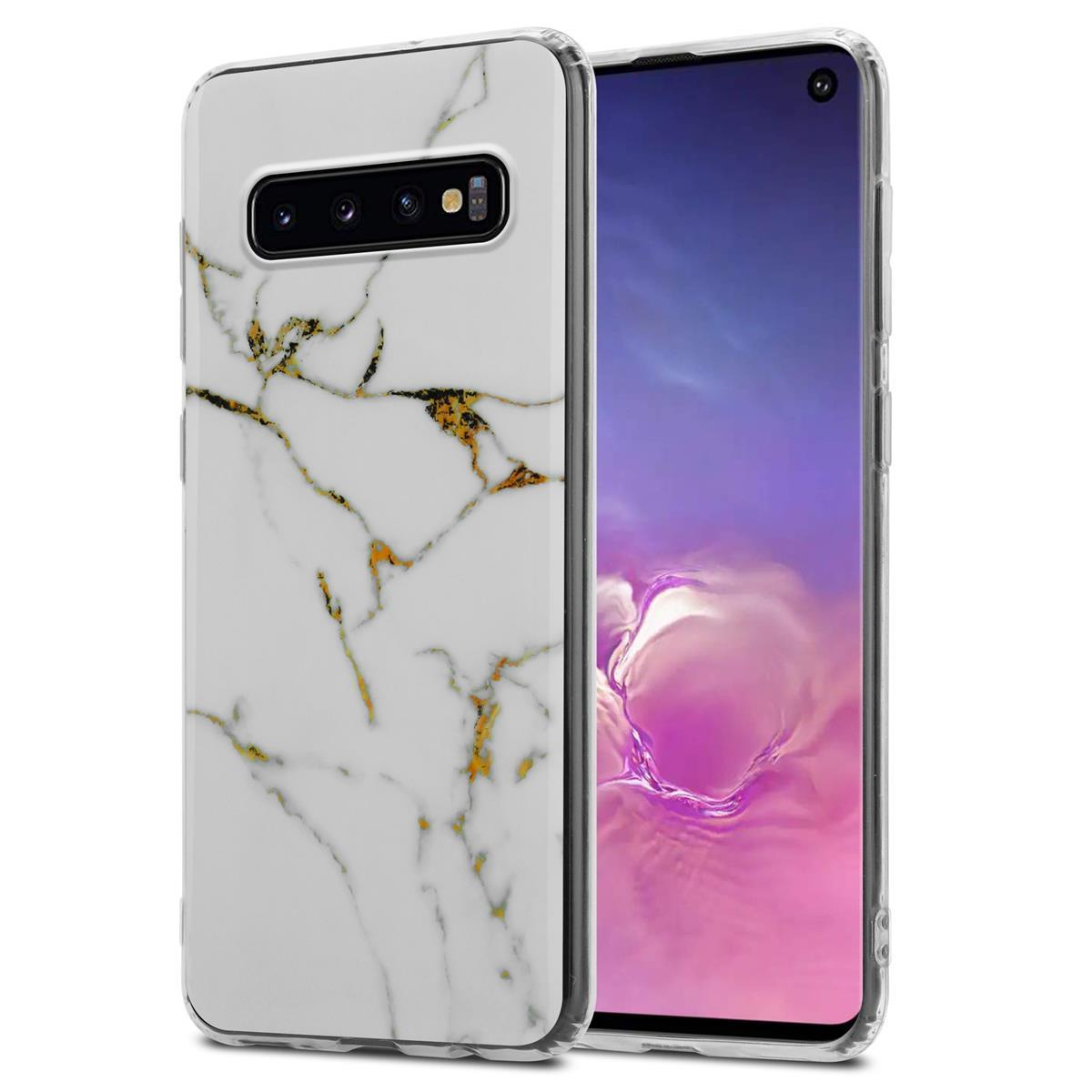 S10 Marmor Backcover, Weiß Samsung, Marmor, Bunter GM 01 Gold Galaxy CADORABO 4G, TPU Hülle IMD