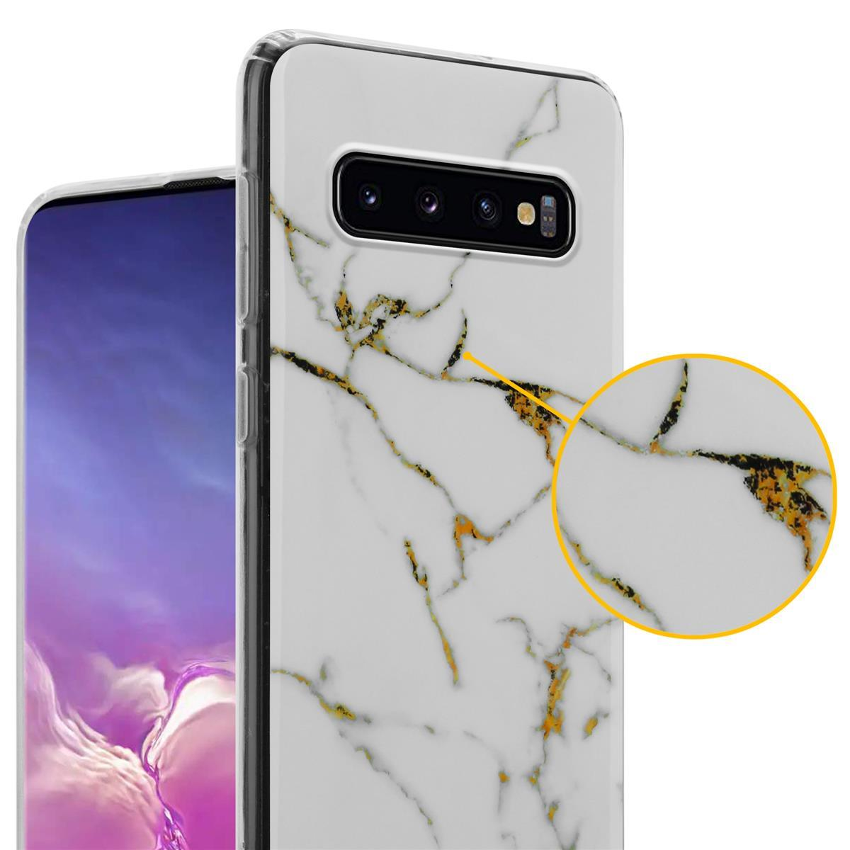 Custodia bianca con un design marmoreo. Il telefono è visibile nella custodia.