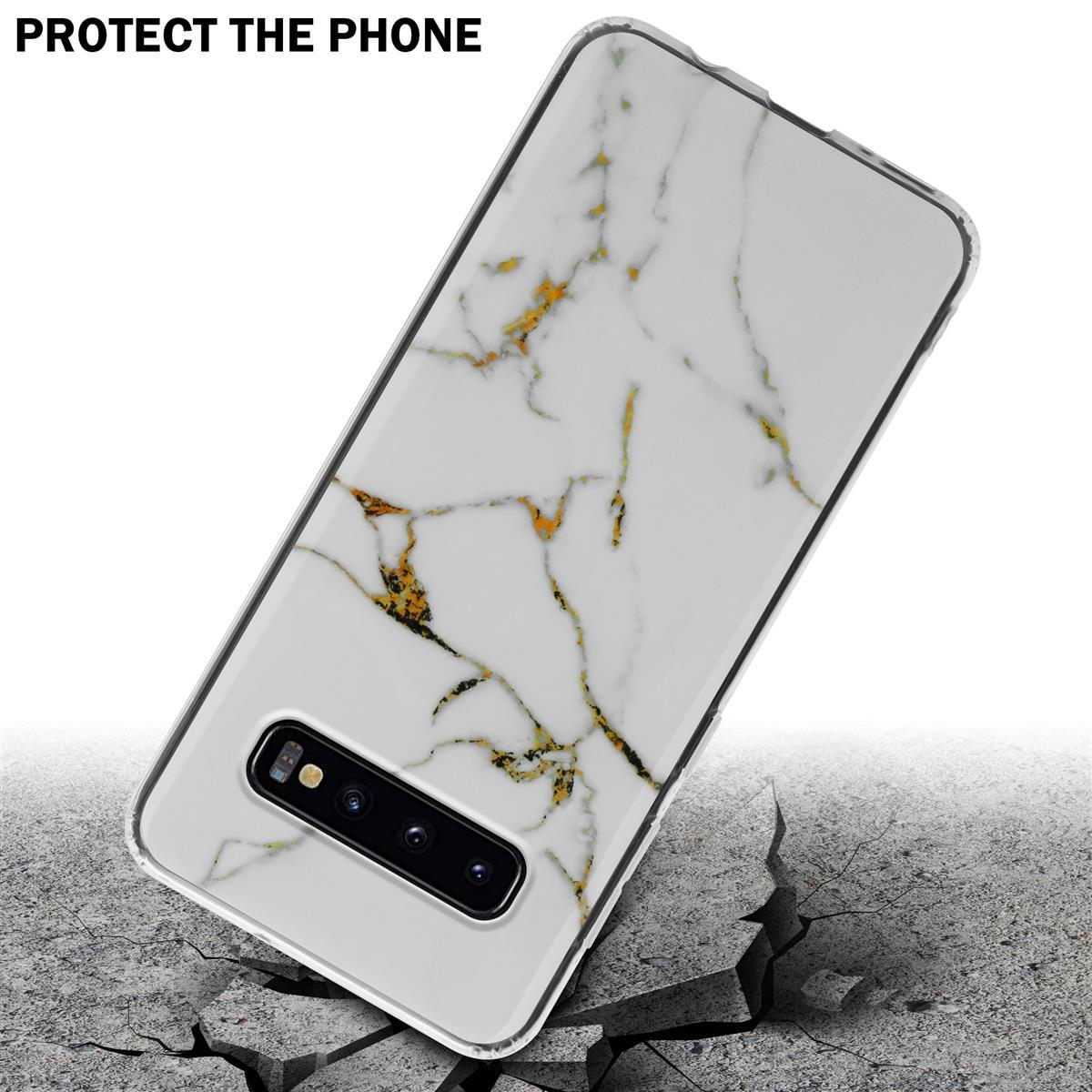 Custodia per telefono con motivo marmorizzato, venature dorate, su cemento crepato.