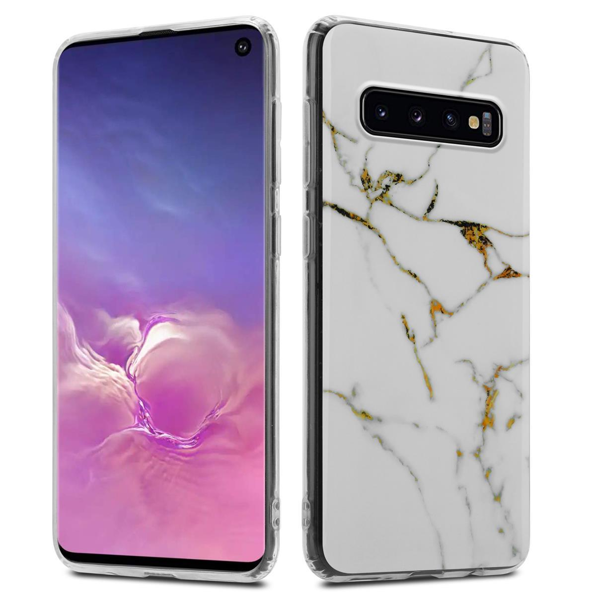 Due telefoni. Uno con schermo acceso, che mostra una sfumatura viola e blu. L'altro, una custodia in marmo bianco.
