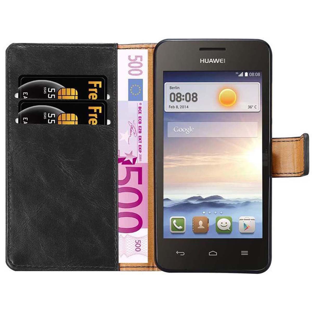 Un telefono in una custodia a portafoglio con soldi e carte. Il telefono mostra l'ora e il logo Huawei.