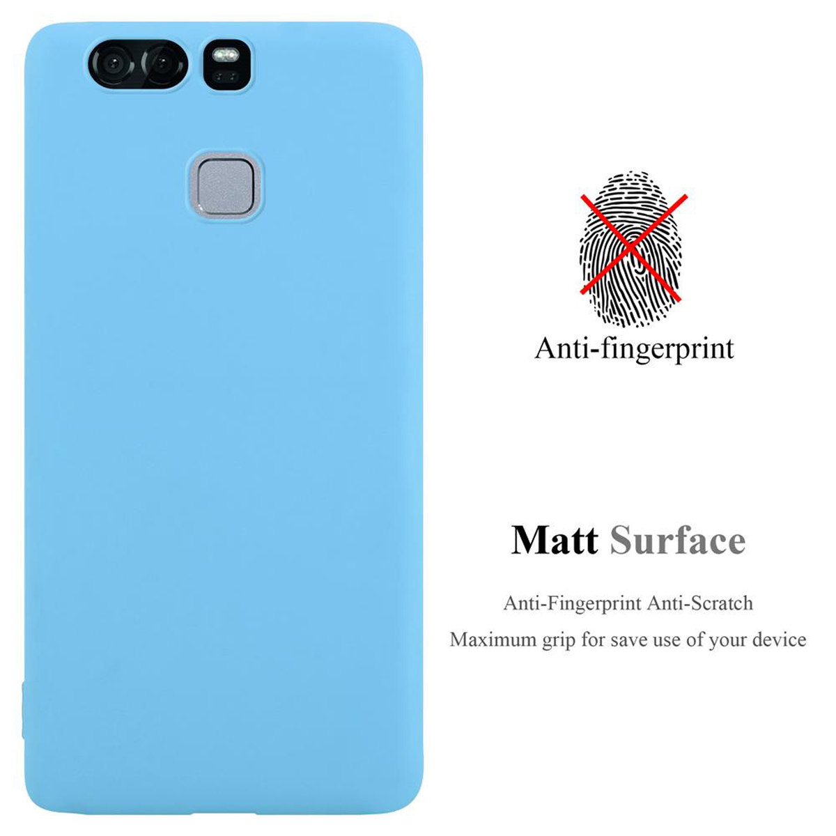 Blaue Handyhülle mit Text und ein Fingerabdrucksymbol mit einem Kreuz durch.