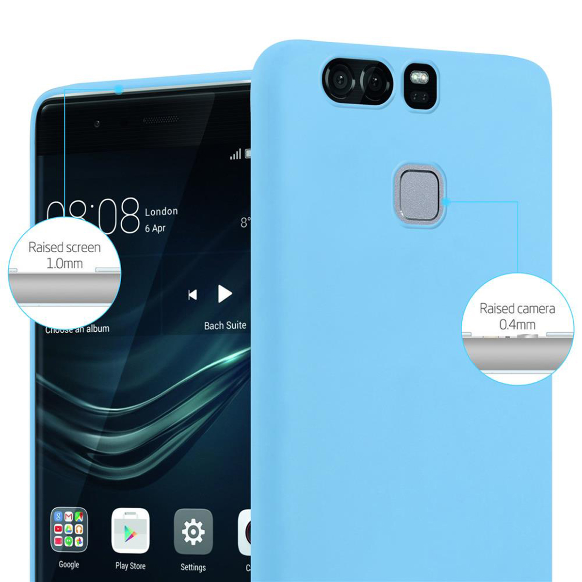 Blaue Handyhülle mit erhöhtem Bildschirm und Kamera. Telefonbildschirm mit Uhrzeit und Apps.