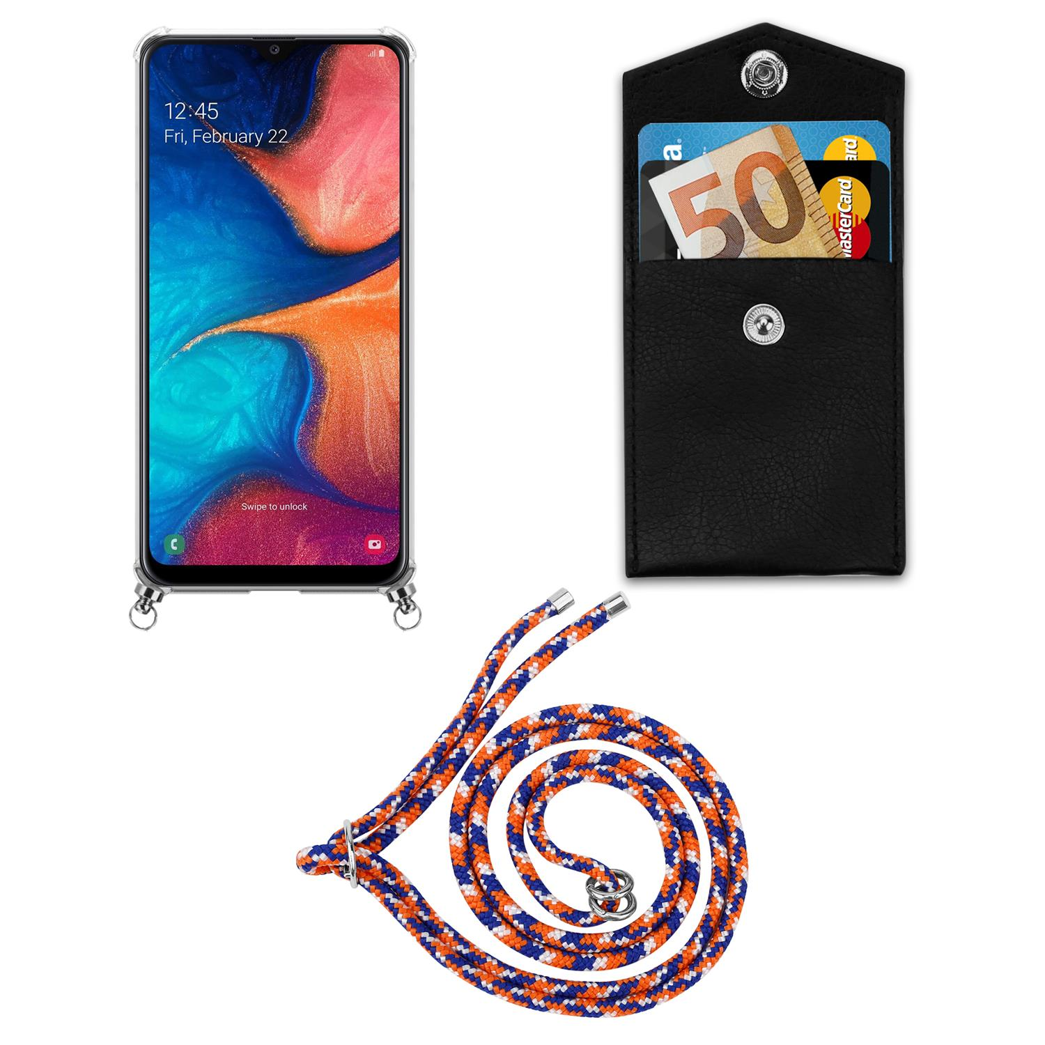 CADORABO Handy Kette BLAU Galaxy abnehmbarer Band WEIß Kordel Samsung, / Backcover, M10s, / Ringen, Silber und mit Hülle, ORANGE A20 A30