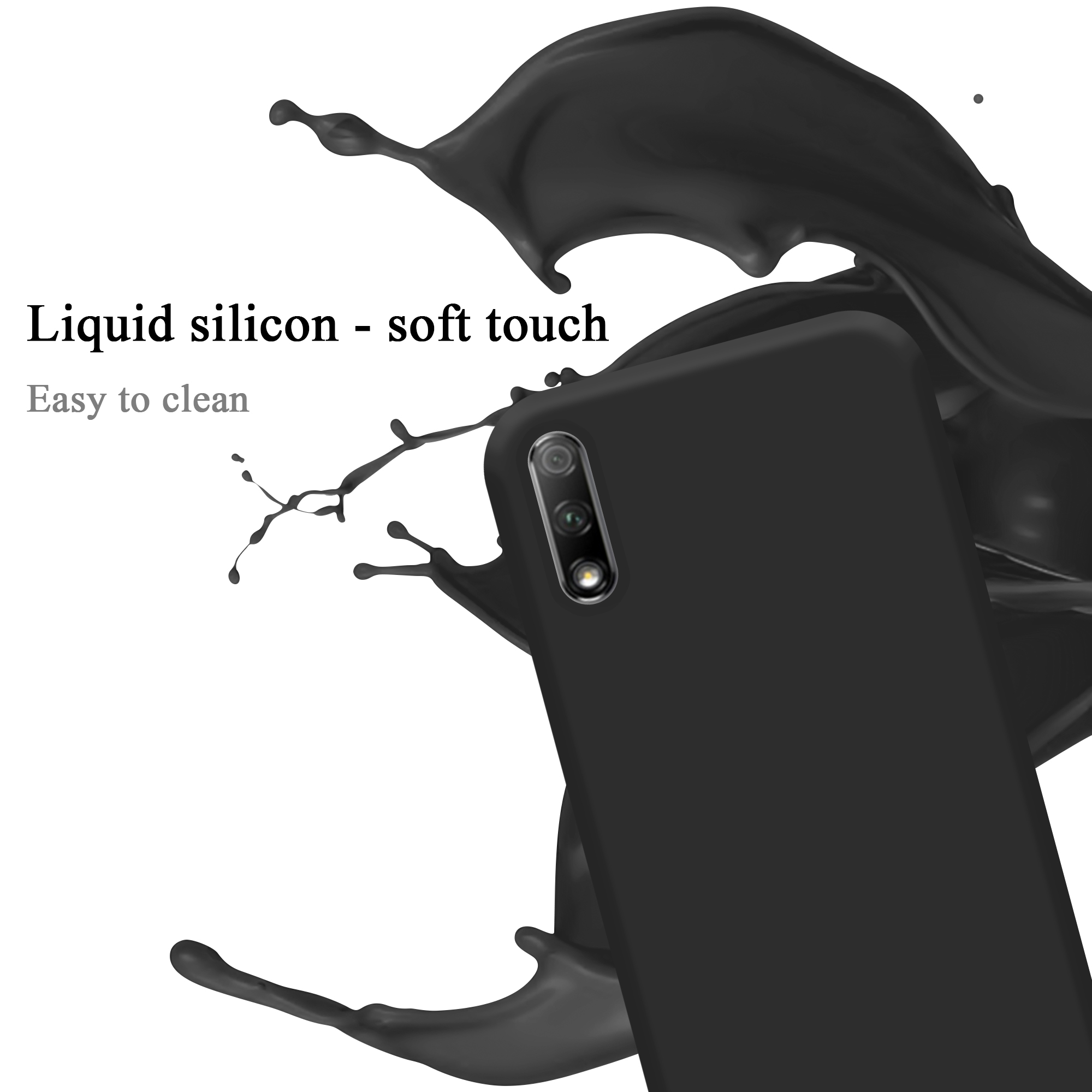 Funda negra con salpicadura líquida. Texto: tacto suave, fácil de limpiar.