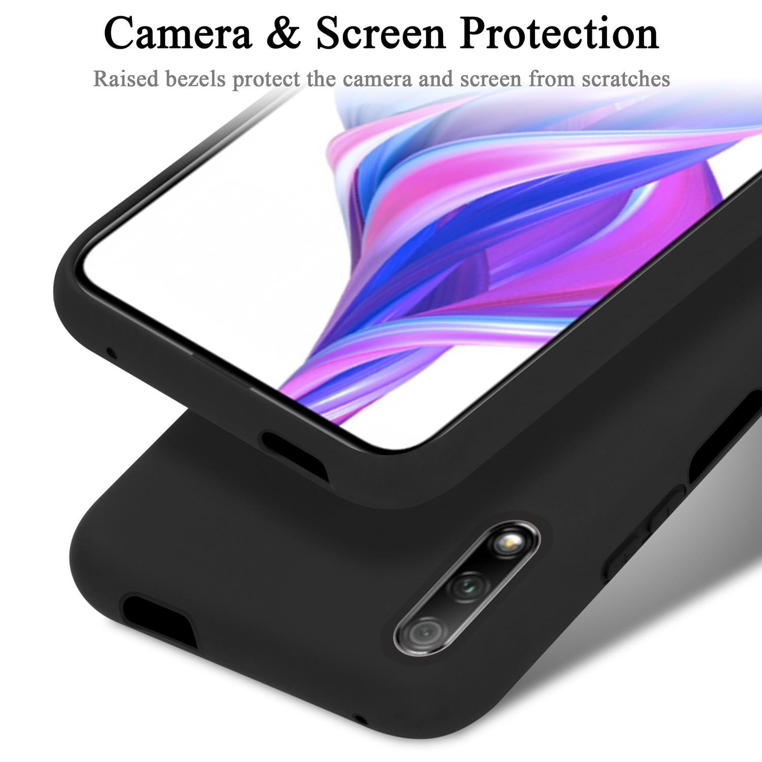 Funda de teléfono negra con un teléfono dentro. Muestra la protección de la cámara y la pantalla.