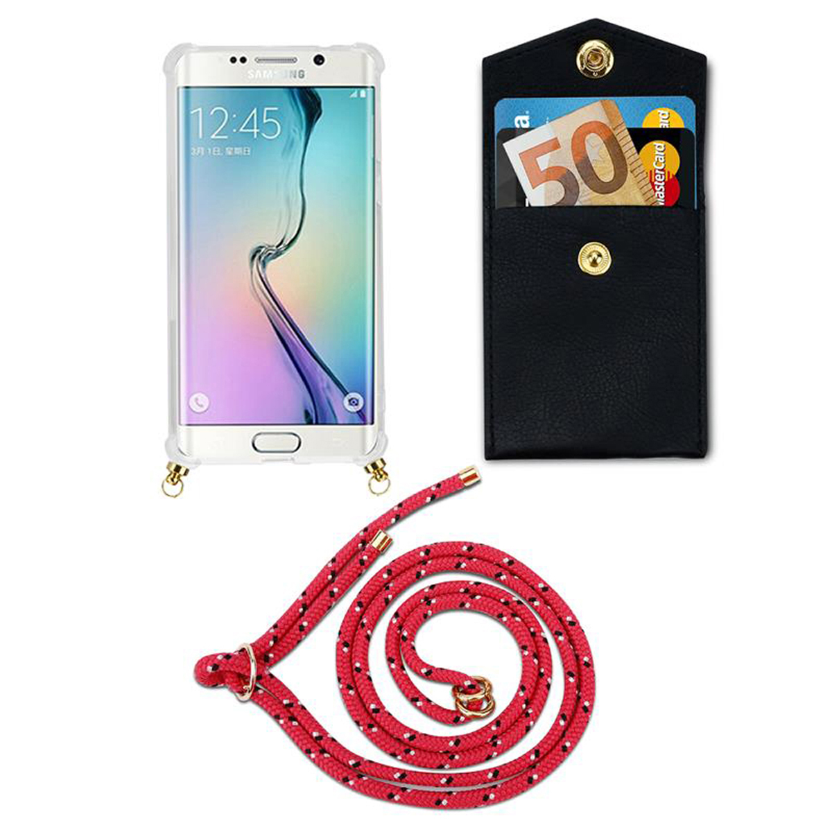 Uno smartphone in una custodia trasparente, una custodia a portafoglio nera con carte e un cinturino rosso.