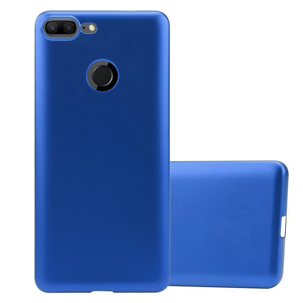 Dos fundas azules para teléfono. Una funda cubre un teléfono blanco. La otra funda está separada.