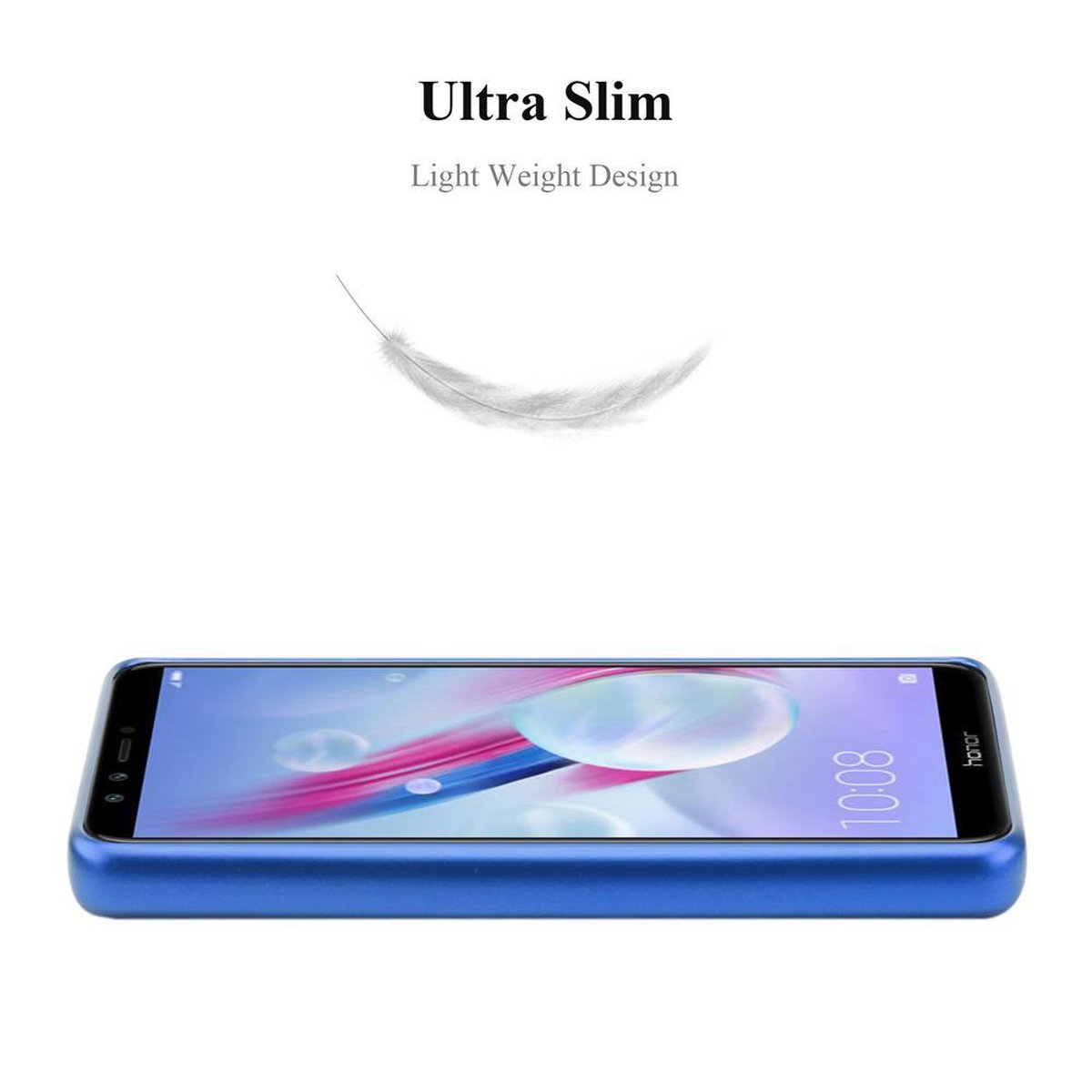 Funda de teléfono azul que muestra un teléfono con una pluma blanca y el texto 'Ultra Slim'.