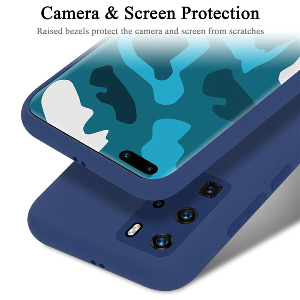 Custodia per telefono blu con un telefono all'interno. Lo schermo mostra un motivo blu. Protezione fotocamera e schermo.